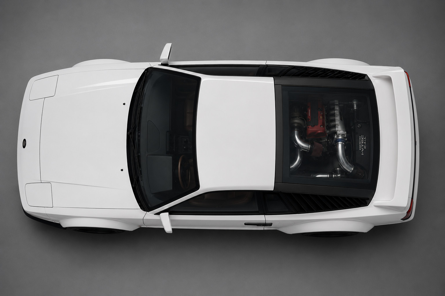 Moto-RedLine from above — mid-mounted turbo K24 under the glass canopy
